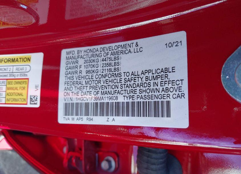 Photo 9 of 2021 Honda Accord SPORT (VIN 1HGCV1F39MA119608)