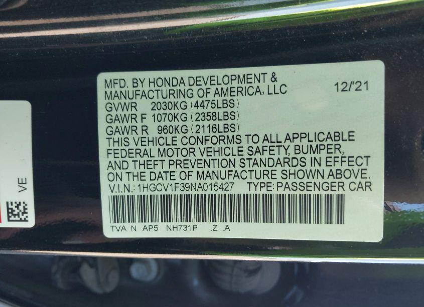 Photo 9 of 2022 Honda Accord SPORT (VIN 1HGCV1F39NA015427)