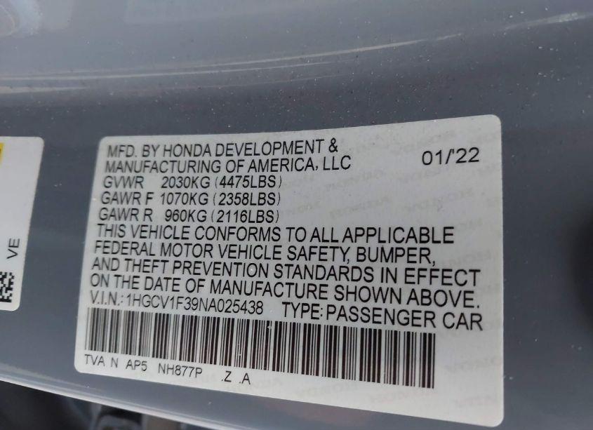 Photo 9 of 2022 Honda Accord SPORT (VIN 1HGCV1F39NA025438)