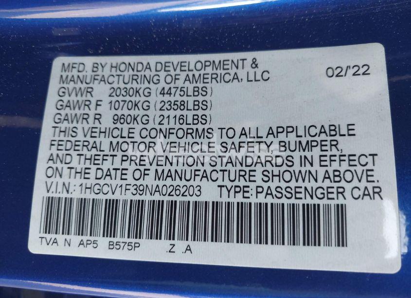Photo 9 of 2022 Honda Accord SPORT (VIN 1HGCV1F39NA026203)