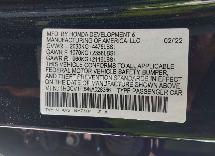 Photo 9 of 2022 Honda Accord SPORT (VIN 1HGCV1F39NA028386)