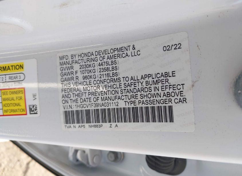Photo 9 of 2022 Honda Accord SPORT (VIN 1HGCV1F39NA031112)