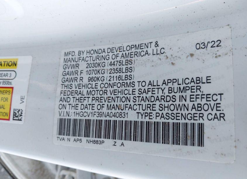 Photo 9 of 2022 Honda Accord SPORT (VIN 1HGCV1F39NA040831)
