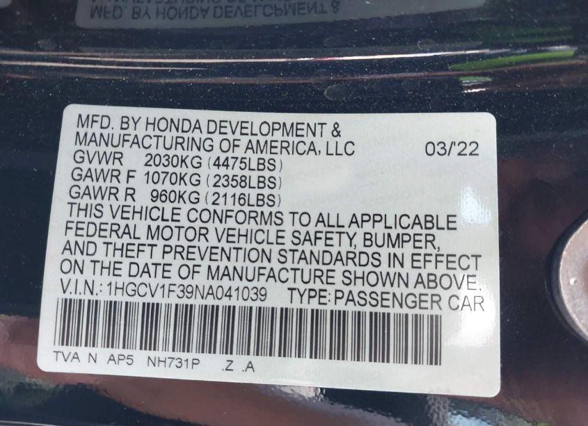 Photo 9 of 2022 Honda Accord SPORT (VIN 1HGCV1F39NA041039)