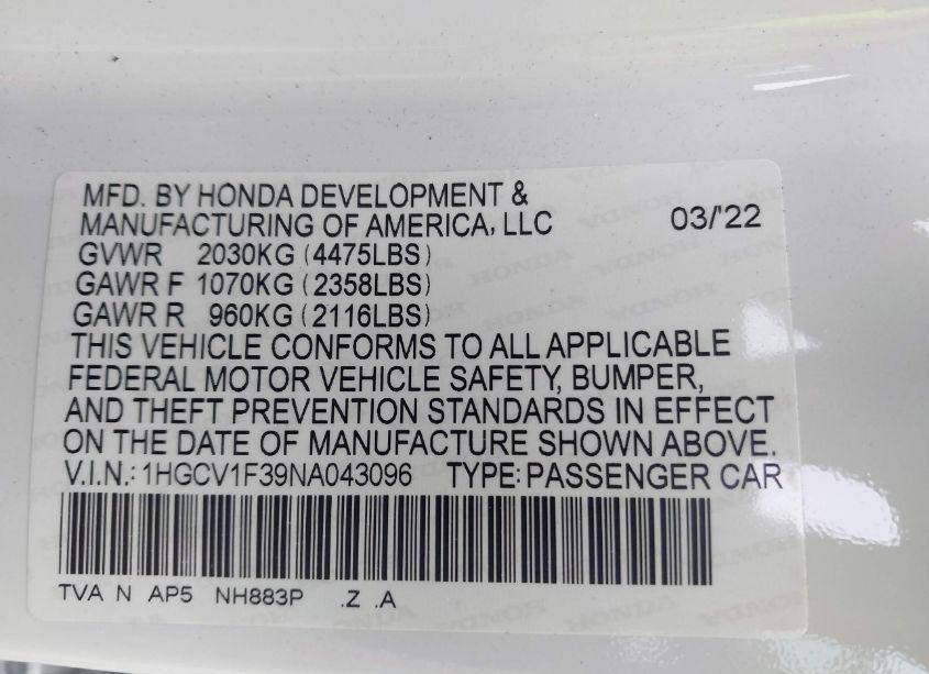 Photo 9 of 2022 Honda Accord SPORT (VIN 1HGCV1F39NA043096)