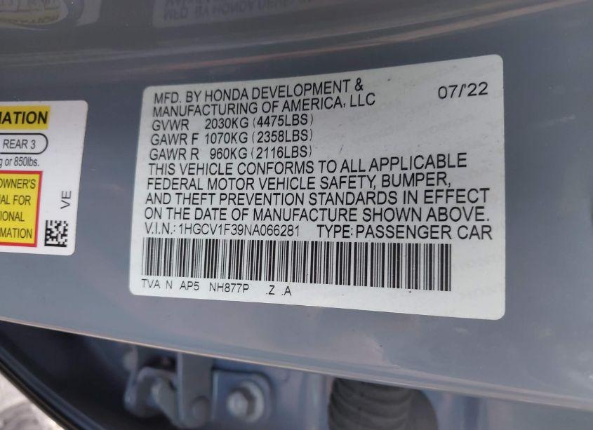 Photo 9 of 2022 Honda Accord SPORT (VIN 1HGCV1F39NA066281)
