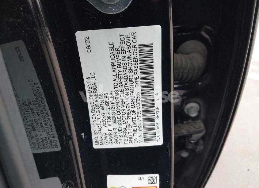 Photo 9 of 2022 Honda Accord SPORT (VIN 1HGCV1F39NA070556)