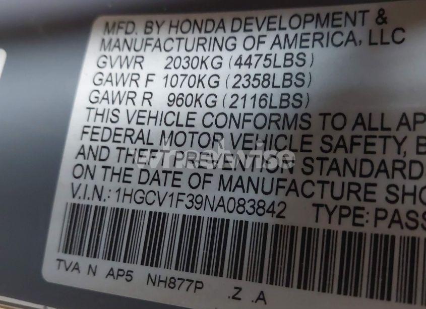 Photo 9 of 2022 Honda Accord SPORT (VIN 1HGCV1F39NA083842)