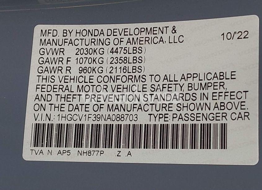 Photo 9 of 2022 Honda Accord SPORT (VIN 1HGCV1F39NA088703)