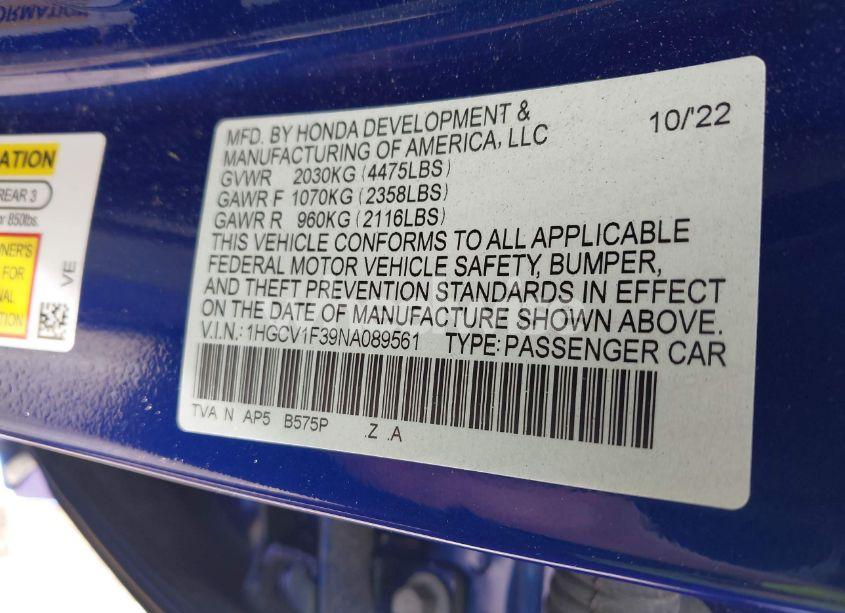 Photo 9 of 2022 Honda Accord SPORT (VIN 1HGCV1F39NA089561)