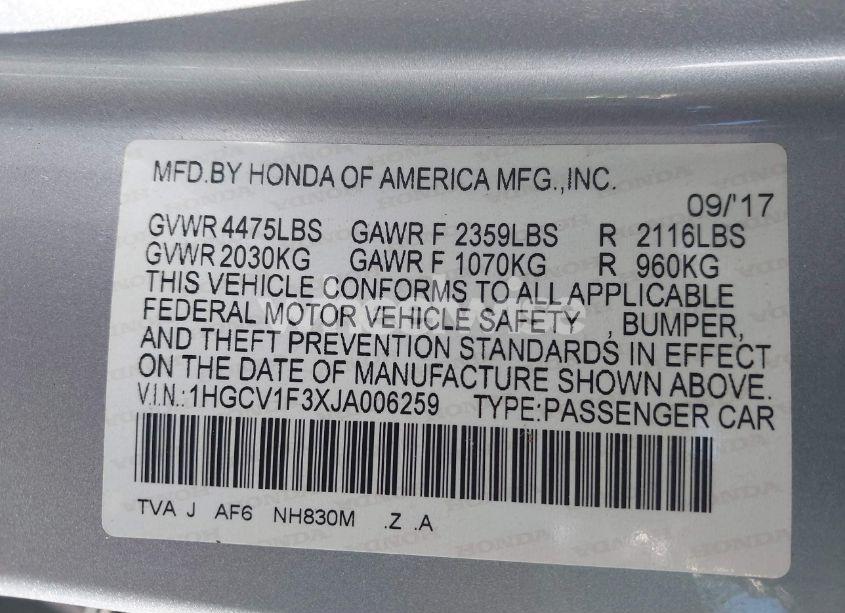 Photo 9 of 2018 Honda Accord SPORT (VIN 1HGCV1F3XJA006259)