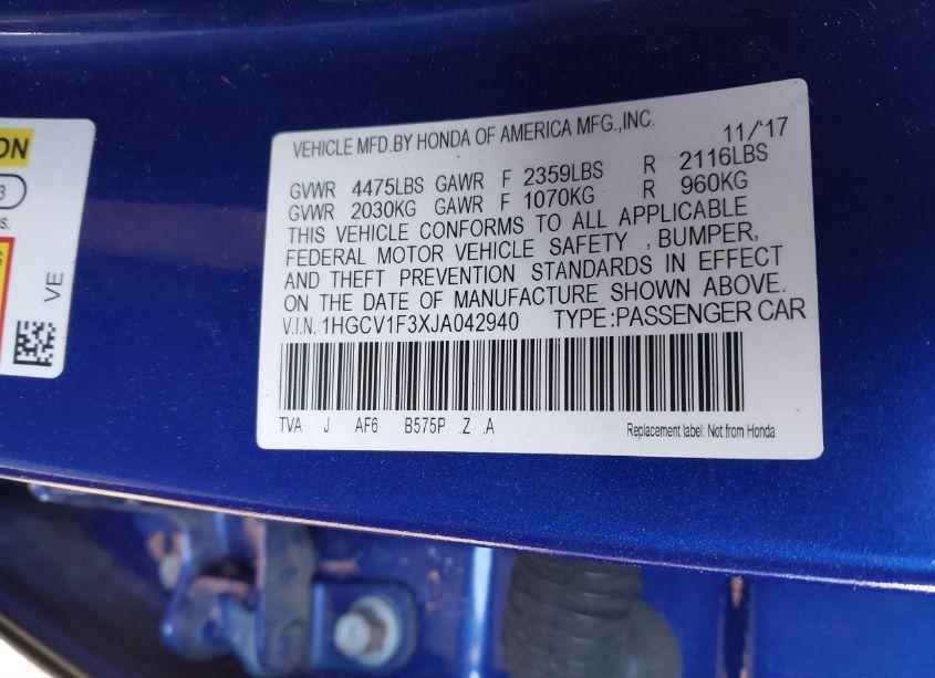 Photo 9 of 2018 Honda Accord SPORT (VIN 1HGCV1F3XJA042940)