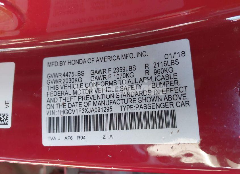 Photo 9 of 2018 Honda Accord SPORT (VIN 1HGCV1F3XJA091295)