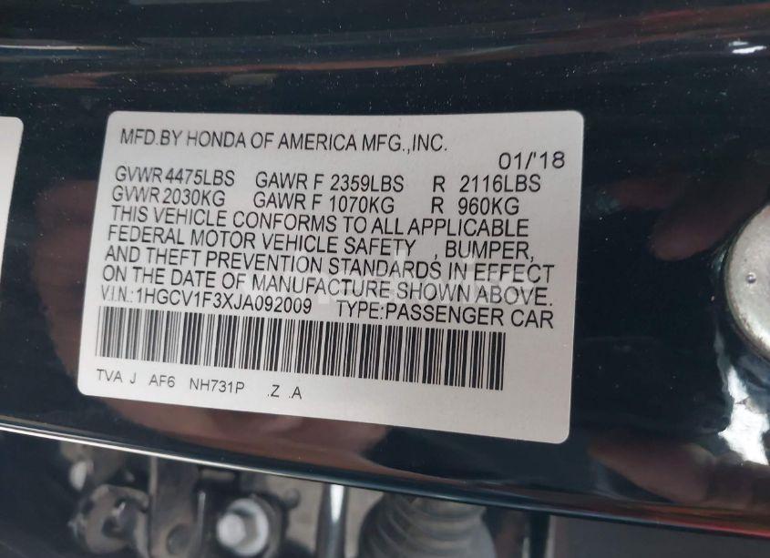 Photo 9 of 2018 Honda Accord SPORT (VIN 1HGCV1F3XJA092009)