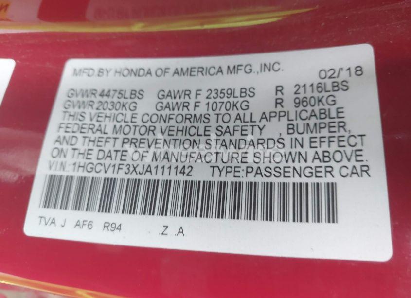 Photo 9 of 2018 Honda Accord SPORT (VIN 1HGCV1F3XJA111142)