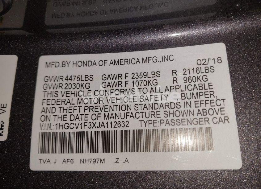 Photo 9 of 2018 Honda Accord SPORT (VIN 1HGCV1F3XJA112632)