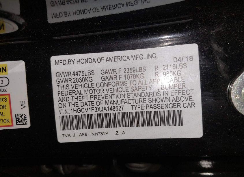 Photo 9 of 2018 Honda Accord SPORT (VIN 1HGCV1F3XJA148627)