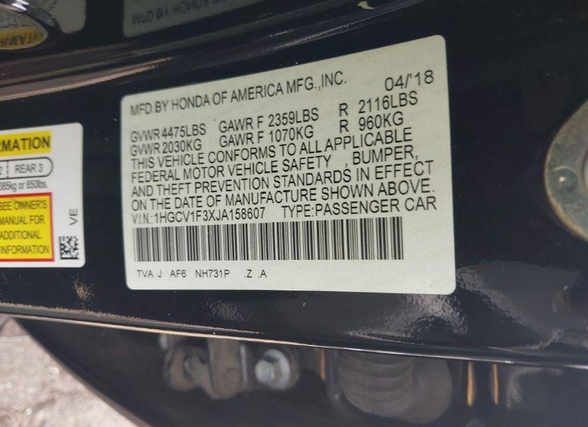 Photo 9 of 2018 Honda Accord SPORT (VIN 1HGCV1F3XJA158607)