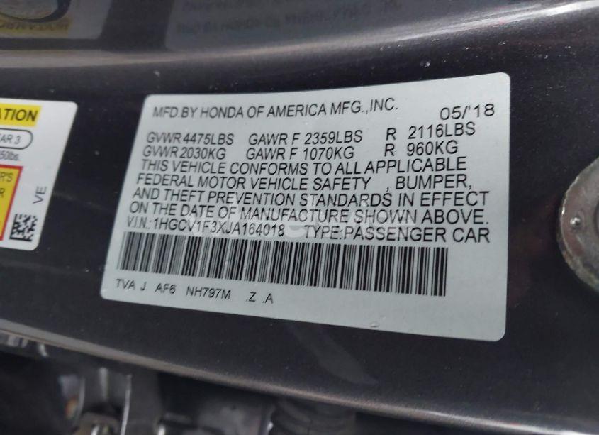 Photo 9 of 2018 Honda Accord SPORT (VIN 1HGCV1F3XJA164018)