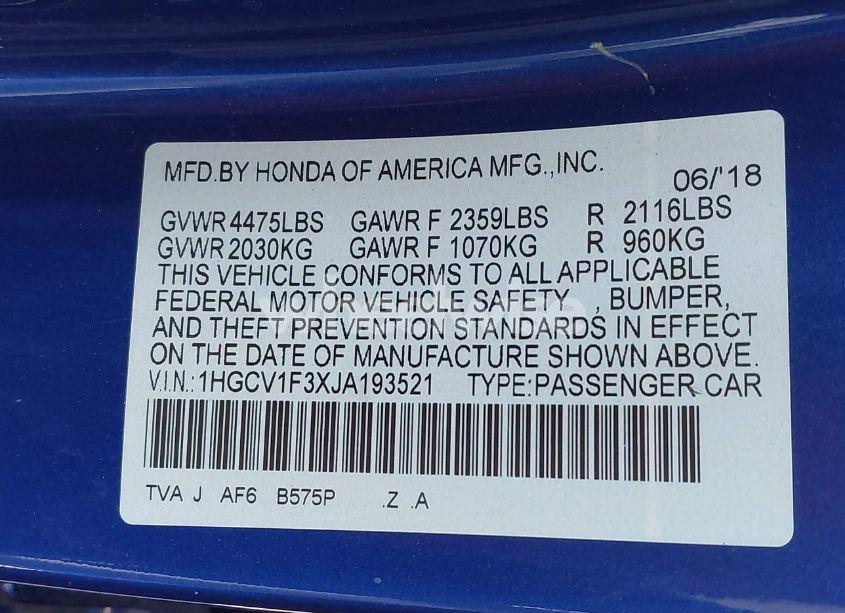 Photo 9 of 2018 Honda Accord SPORT (VIN 1HGCV1F3XJA193521)