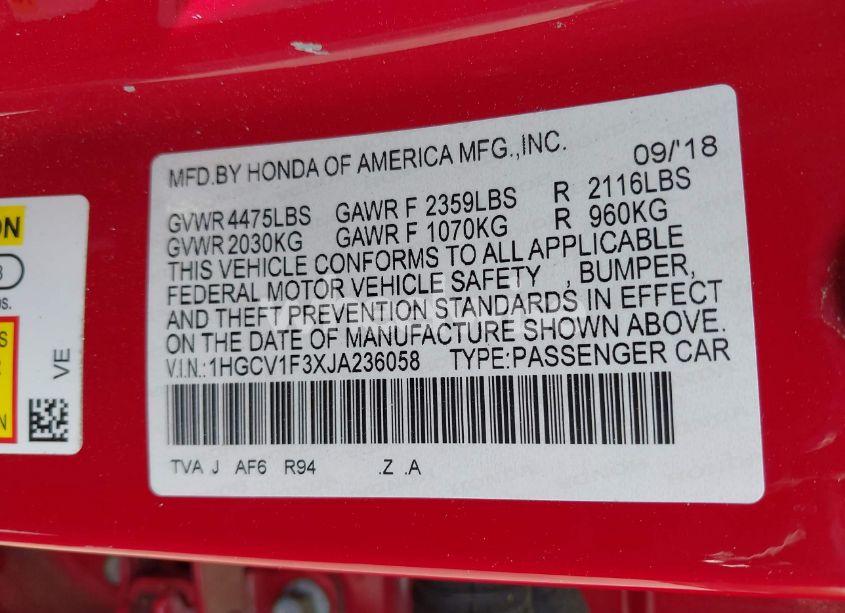 Photo 9 of 2018 Honda Accord SPORT (VIN 1HGCV1F3XJA236058)