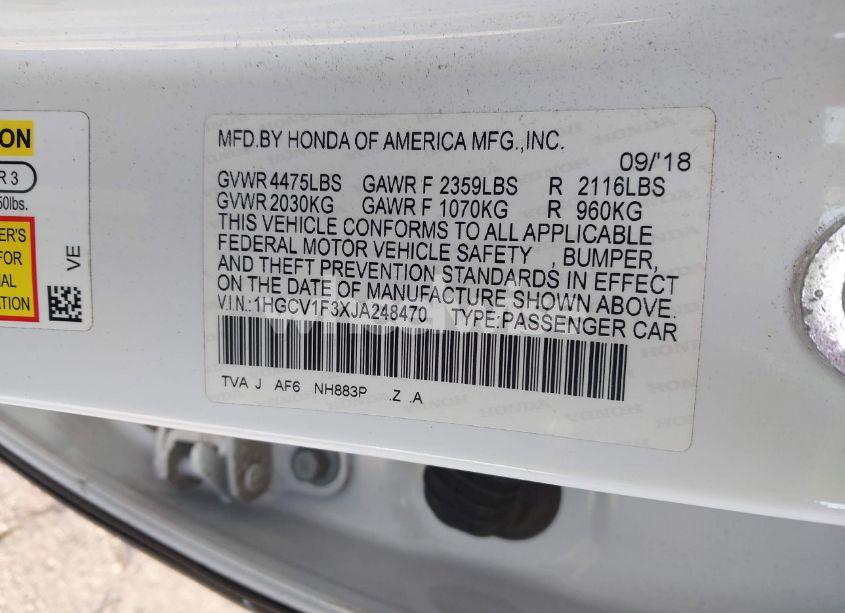 Photo 9 of 2018 Honda Accord SPORT (VIN 1HGCV1F3XJA248470)