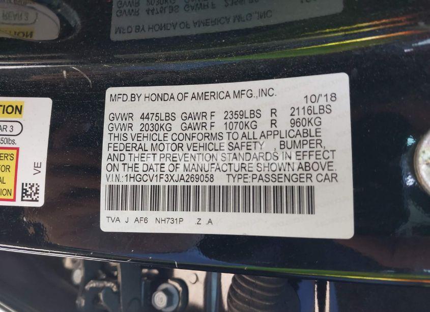 Photo 9 of 2018 Honda Accord SPORT (VIN 1HGCV1F3XJA269058)