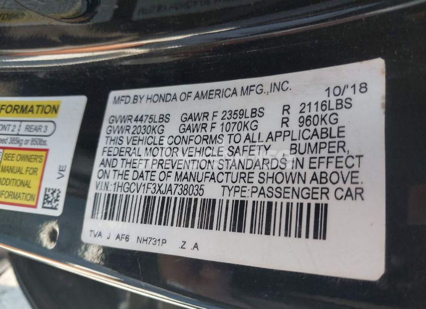 Photo 9 of 2018 Honda Accord SPORT (VIN 1HGCV1F3XJA738035)