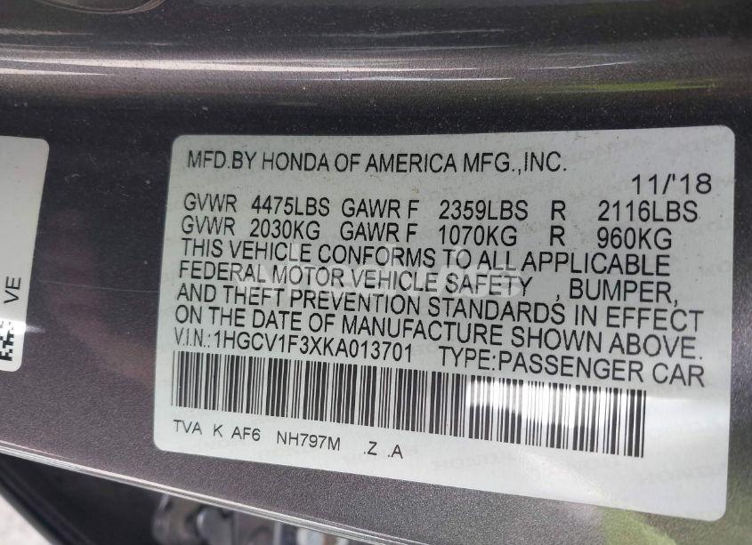 Photo 9 of 2019 Honda Accord SPORT (VIN 1HGCV1F3XKA013701)