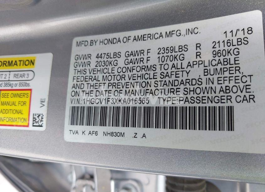 Photo 9 of 2019 Honda Accord SPORT (VIN 1HGCV1F3XKA016565)