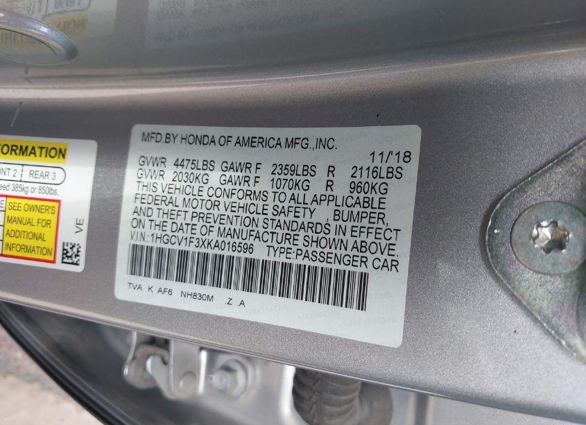 Photo 9 of 2019 Honda Accord SPORT (VIN 1HGCV1F3XKA016596)