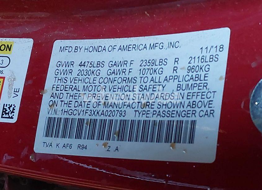 Photo 9 of 2019 Honda Accord SPORT (VIN 1HGCV1F3XKA020793)