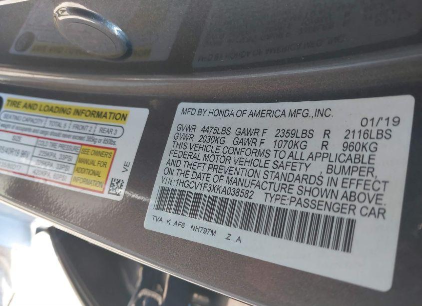 Photo 9 of 2019 Honda Accord SPORT (VIN 1HGCV1F3XKA038582)