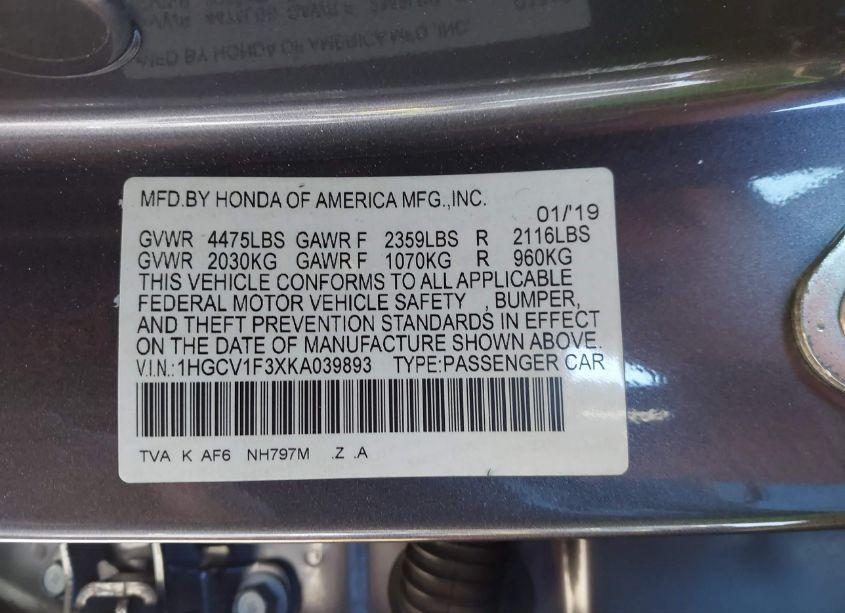 Photo 9 of 2019 Honda Accord SPORT (VIN 1HGCV1F3XKA039893)