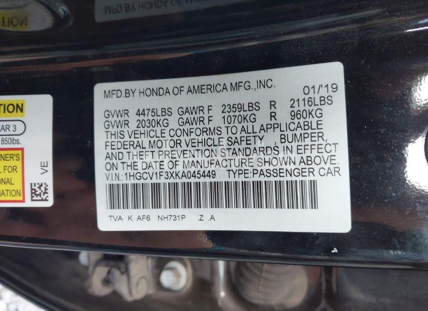 Photo 9 of 2019 Honda Accord SPORT (VIN 1HGCV1F3XKA045449)
