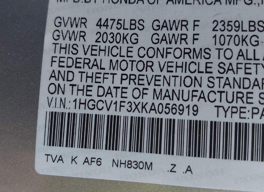 Photo 9 of 2019 Honda Accord SPORT (VIN 1HGCV1F3XKA056919)