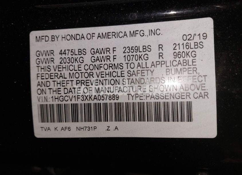 Photo 9 of 2019 Honda Accord SPORT (VIN 1HGCV1F3XKA057889)