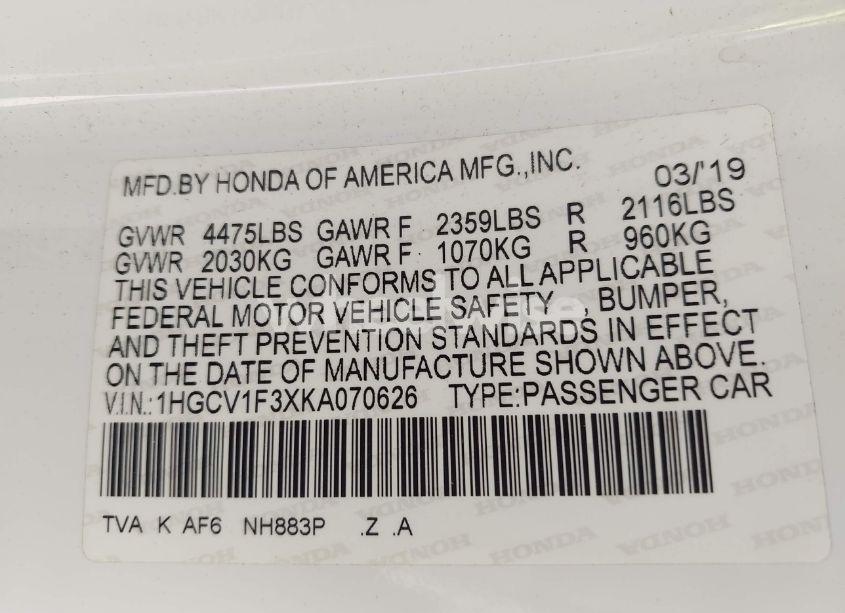 Photo 9 of 2019 Honda Accord SPORT (VIN 1HGCV1F3XKA070626)