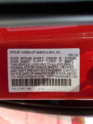 Photo 9 of 2019 HONDA ACCORD SPORT (VIN 1HGCV1F3XKA112163)