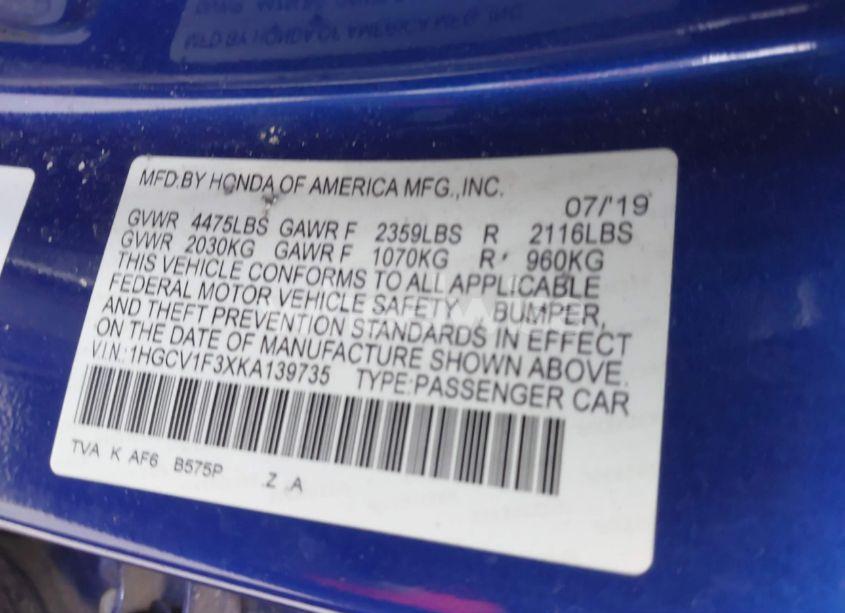 Photo 9 of 2019 Honda Accord SPORT (VIN 1HGCV1F3XKA139735)