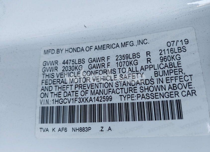 Photo 9 of 2019 Honda Accord SPORT (VIN 1HGCV1F3XKA142599)