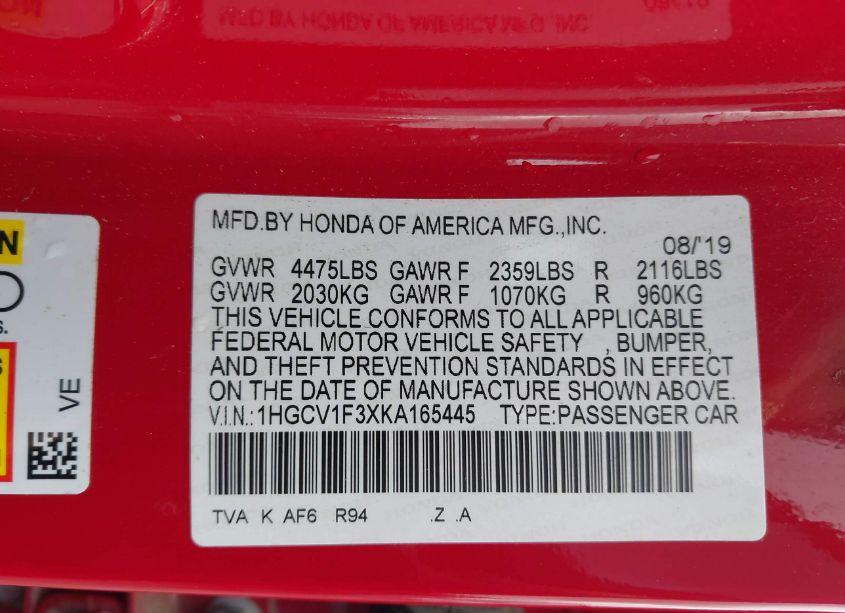 Photo 9 of 2019 Honda Accord SPORT (VIN 1HGCV1F3XKA165445)