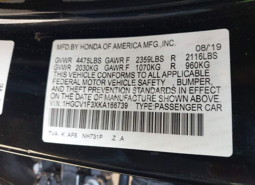 Photo 9 of 2019 Honda Accord SPORT (VIN 1HGCV1F3XKA166739)