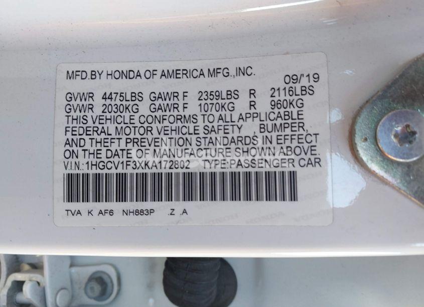 Photo 9 of 2019 Honda Accord SPORT (VIN 1HGCV1F3XKA172802)