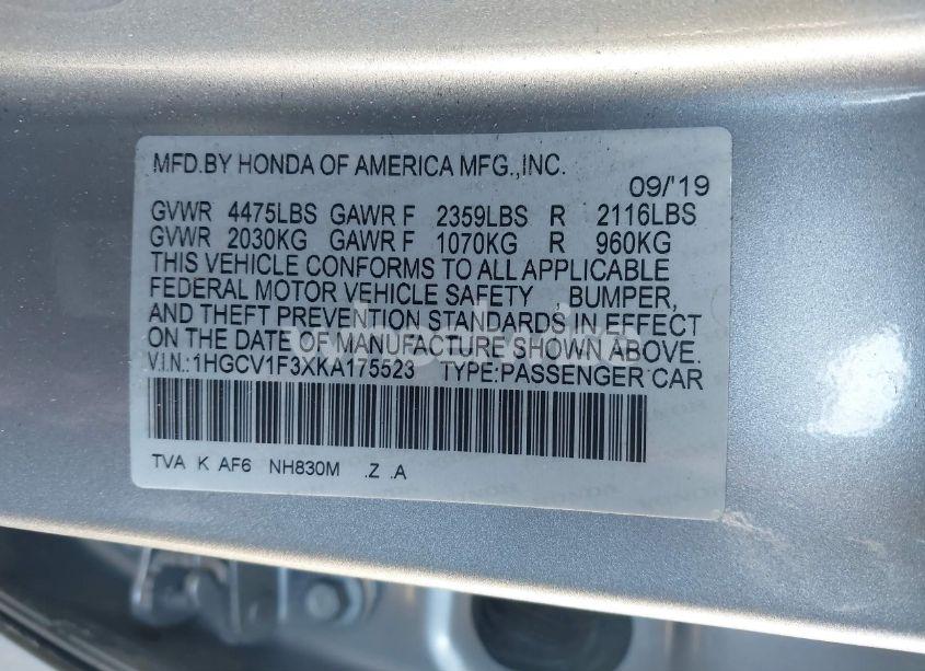 Photo 9 of 2019 Honda Accord SPORT (VIN 1HGCV1F3XKA175523)