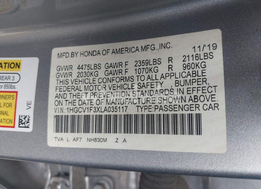 Photo 9 of 2020 Honda Accord SPORT (VIN 1HGCV1F3XLA035117)