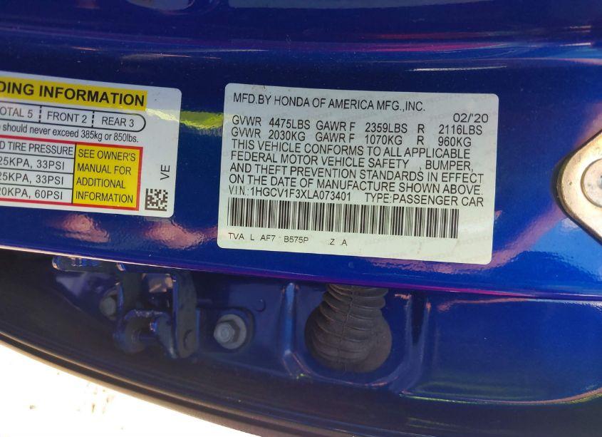 Photo 9 of 2020 Honda Accord SPORT (VIN 1HGCV1F3XLA073401)