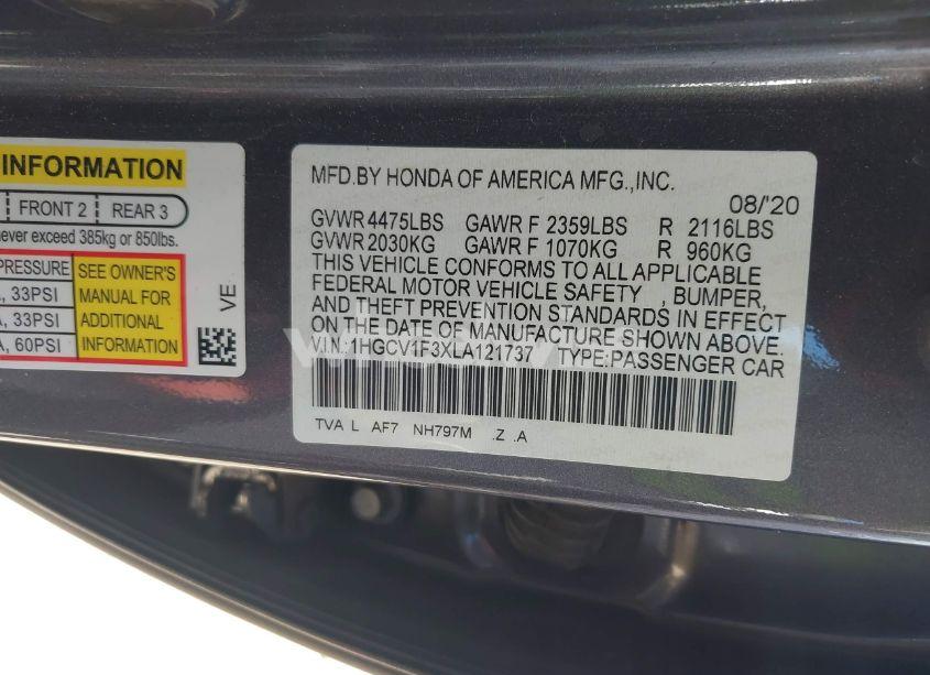 Photo 9 of 2020 Honda Accord SPORT (VIN 1HGCV1F3XLA121737)