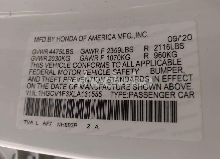 Photo 9 of 2020 Honda Accord SPORT (VIN 1HGCV1F3XLA131555)