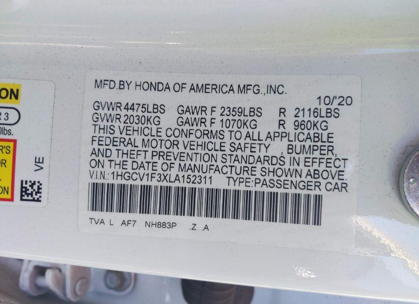 Photo 9 of 2020 Honda Accord SPORT (VIN 1HGCV1F3XLA152311)